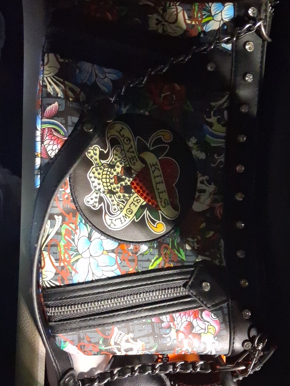 Ed Hardy Black Floral Graphic Shoulder Bag with Studs